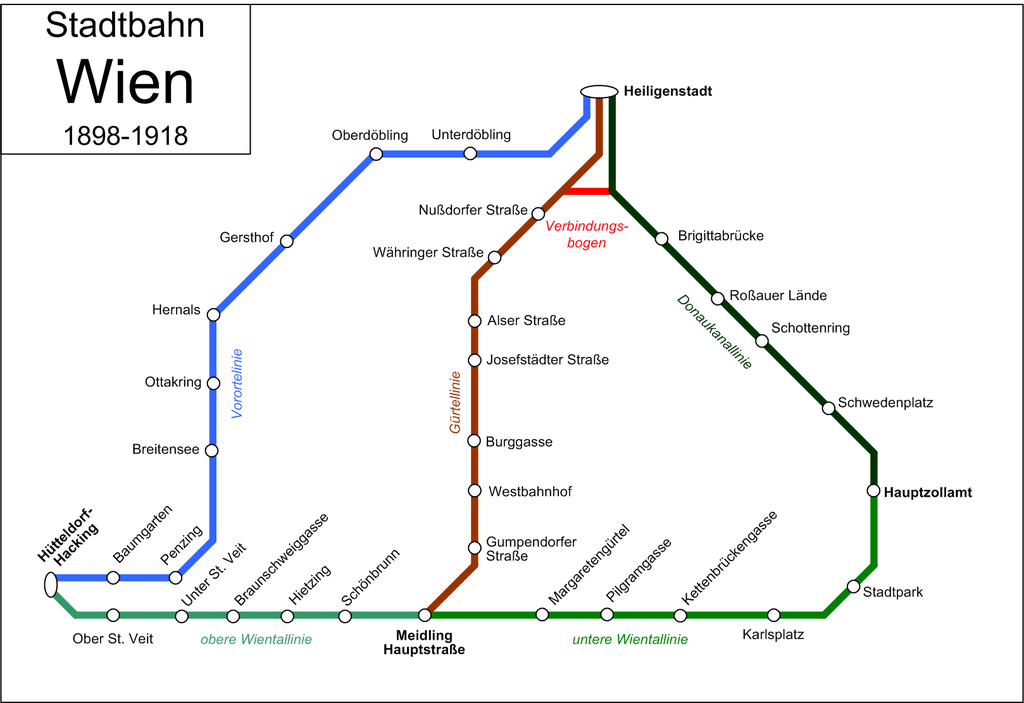 A bécsi gőzüzemű Stadtbahn hálózatának térképe 1889 és 1918 között<br>(forrás: Wikipedia)<br>A képre kattintva további felvételeket találhat galériánkban a régi és a mai időkből! A külön nem jelölt képek a szerző felvételei