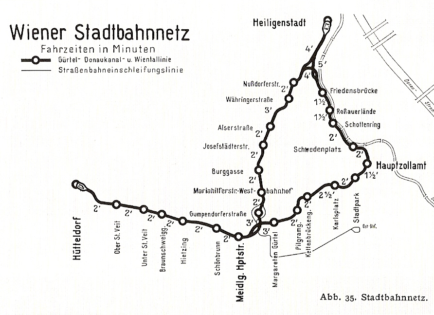 A villamosított Stadtbahn hálózata 1937-ben az állomások között menetidővel<br>(forrás: Wikipedia)