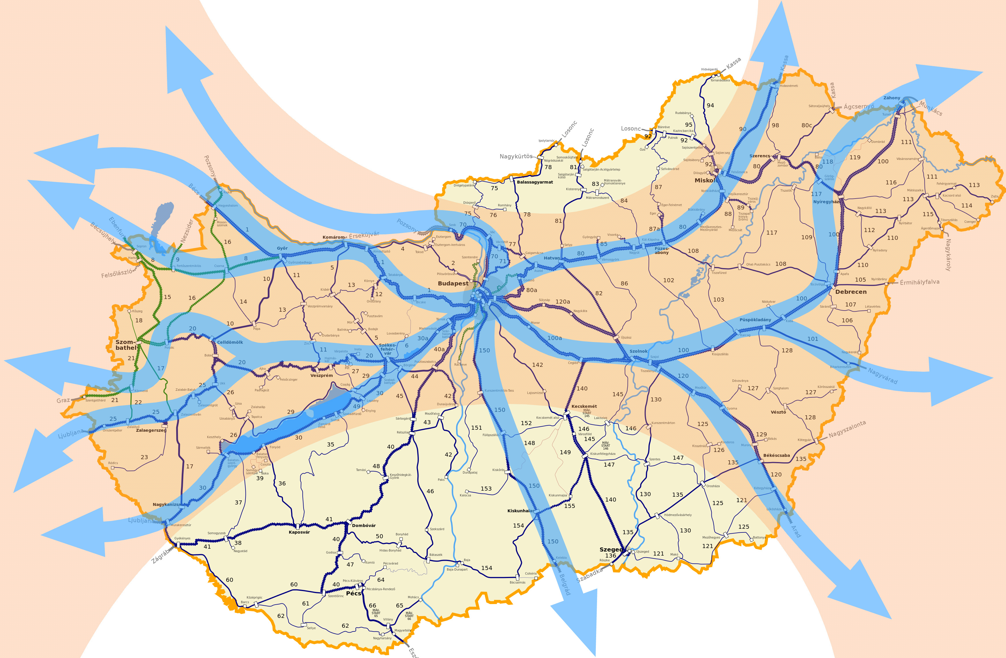 Magyarország vasúthálózata jól láthatóan a kelet–nyugati vonalak dominanciáját mutatja (a szerző illusztrációi)