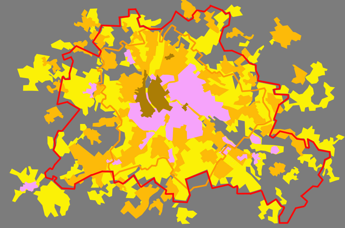 Arányok: Berlin és Budapest területe, beépített és nagyvárosiasan beépített területek (a szerző illusztrációi)