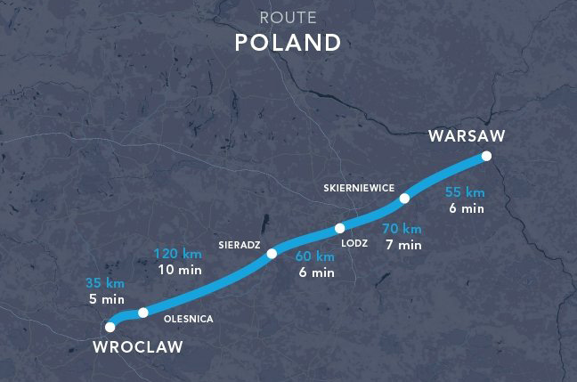 A lengyelországi nyomvonalterv nem látszik konkurálni a nagysebességű CMK-vasútvonallal (grafika: Hyperloop)