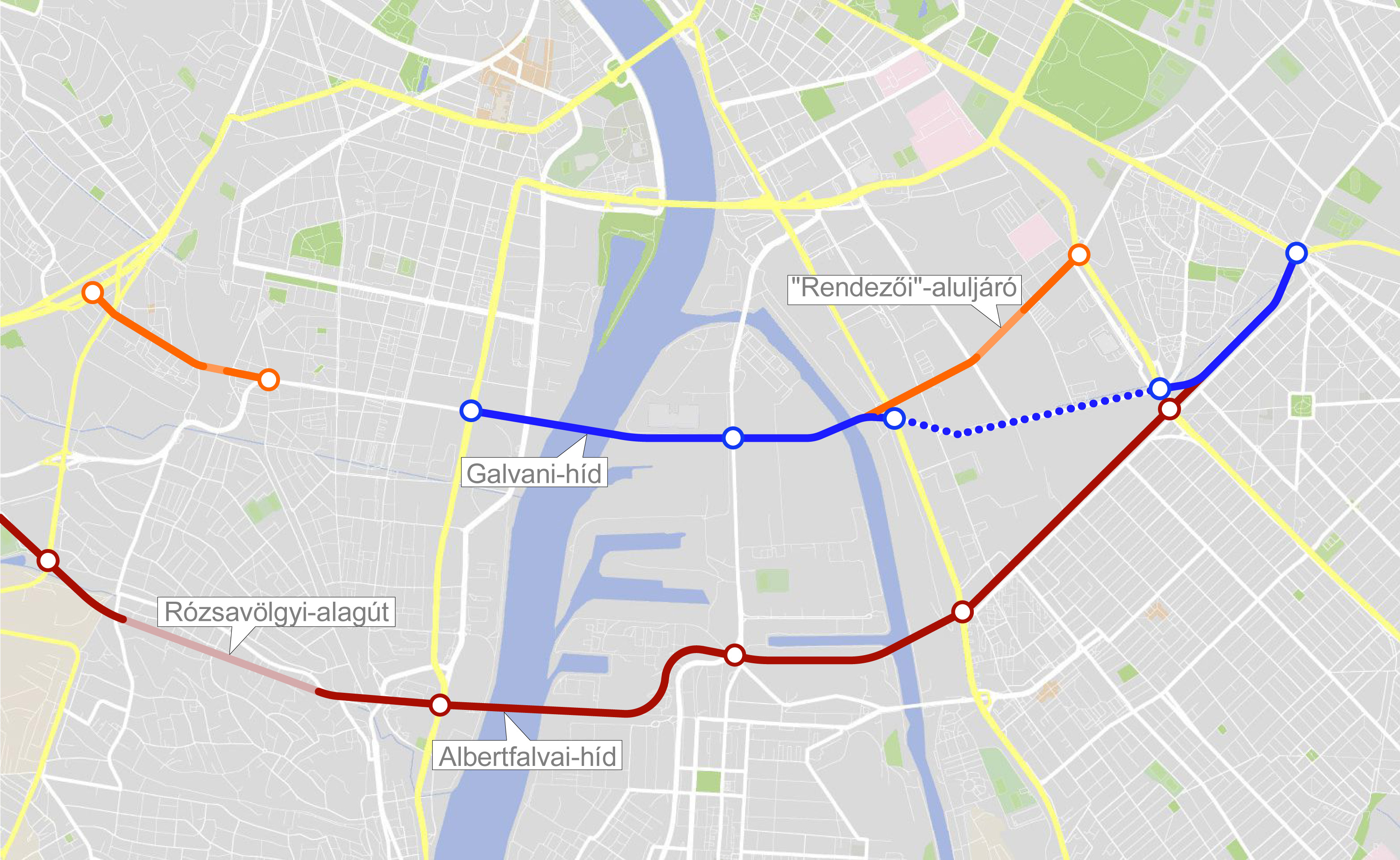 A térképen kékkel jelöltük a jelenleg tervezett körútfejlesztést, narancsszínű a Kültelki körút eredeti nyomvonala, bíbor a Munkáskörút színe (a szerző illuszrációja)