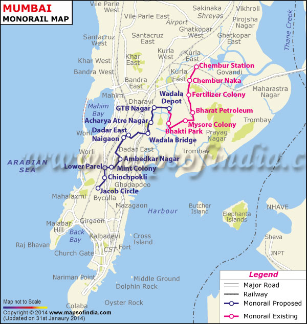 A mumbai monorail megépült (rózsaszín) és tervezett hálózata </br> (Forrás: mapsofindia.com)