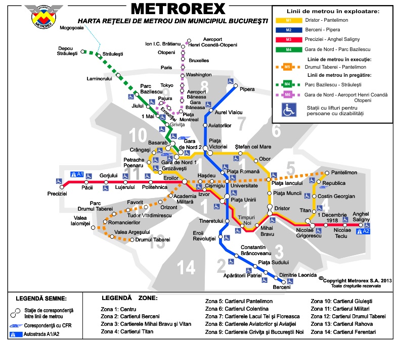 A bukaresti metró jelenlegi hálózata az épülő M4-es harmadik szakaszával, az M5-ös első és második szakaszával, és a tervezett M6-ossal </br> (Forrás: Metrorex)