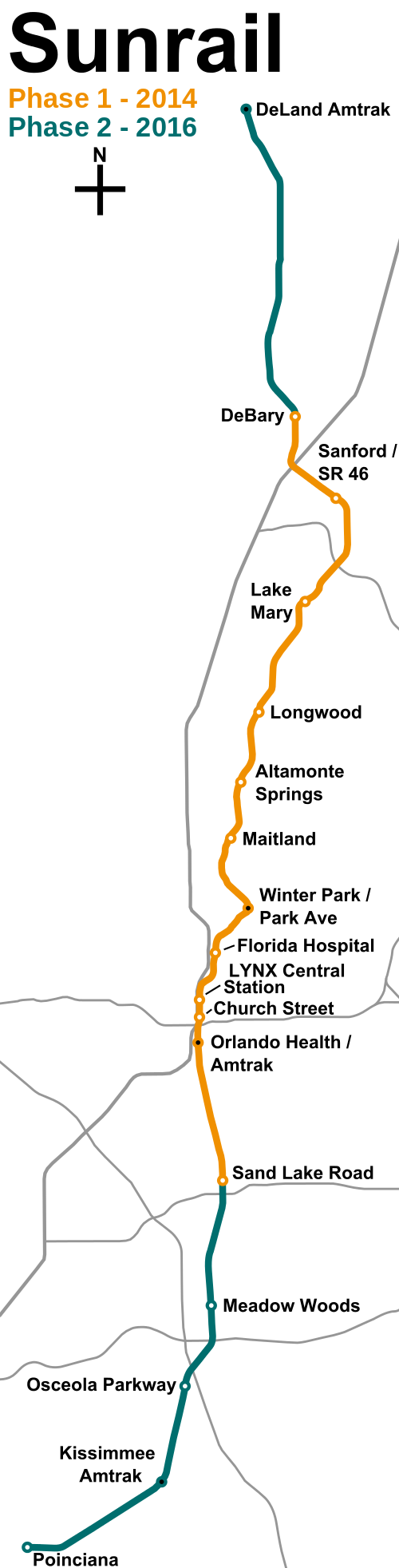 A SunRail jelenlegi és tervezett szakaszai. A bővítés 2016-ban esedékes<br>(forrás: Wikipedia)