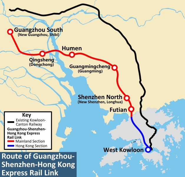 Az Express Rail Link útvonala: Kanton (Kuangcsou/Guangzhou) és Sencsen (Shenzhen) között már kész, a Hongkong West Kowloon állomásáig tartó, részben alagutakban futó szakasz építése is már a végénél tart<br>(forrás: Wikipedia)