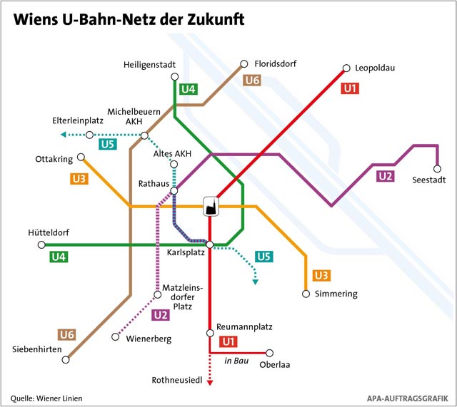 Bécs tervezett metróhálózata az U5-ös vonal első szakaszával<br>(forrás: www.wien.gv.at)