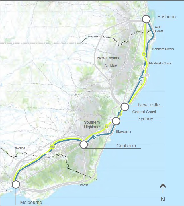 A nagysebességű vasútvonal megvalósíthatósági tanulmányának első verziójában ez a nyomvonal szerepelt<br>(grafika: thinkingtransport.org.au)