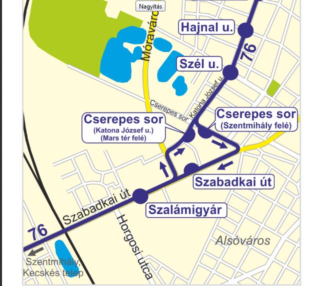 A 76-os módosított útvonala Móravárosban 2019. május 13-tól (DAKK Zrt. térképe)