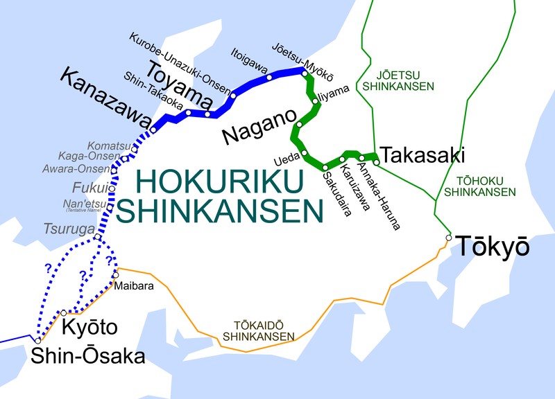 A zöld színnel jelölt szakasz a régebbi, Nagano-sinkanszen, a kék a Hokuriku-vonal. A képre kattintva galéria nyílik (forrás: Wikipedia)