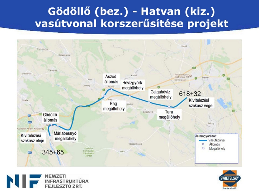 A Nemzeti Infrastrfuktúra Fejlesztő Zrt. térképe az átépítéssel érintett Gödöllő–Hatvan szakaszról