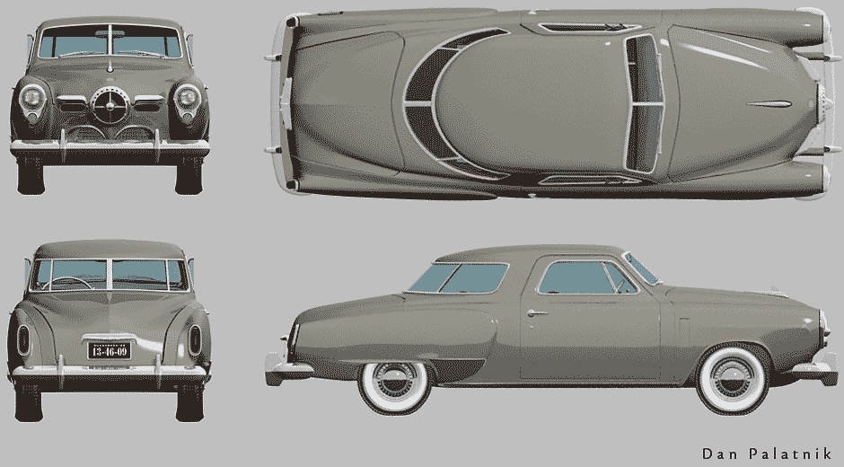 A Studebaker 1950-es évek elején megjelenő Starlight autóinak egyediséget kölcsönzött a hátsó ablak Loewy által kitalált formája<br>(rajz: Dan Palatnik, carblueprints.info)