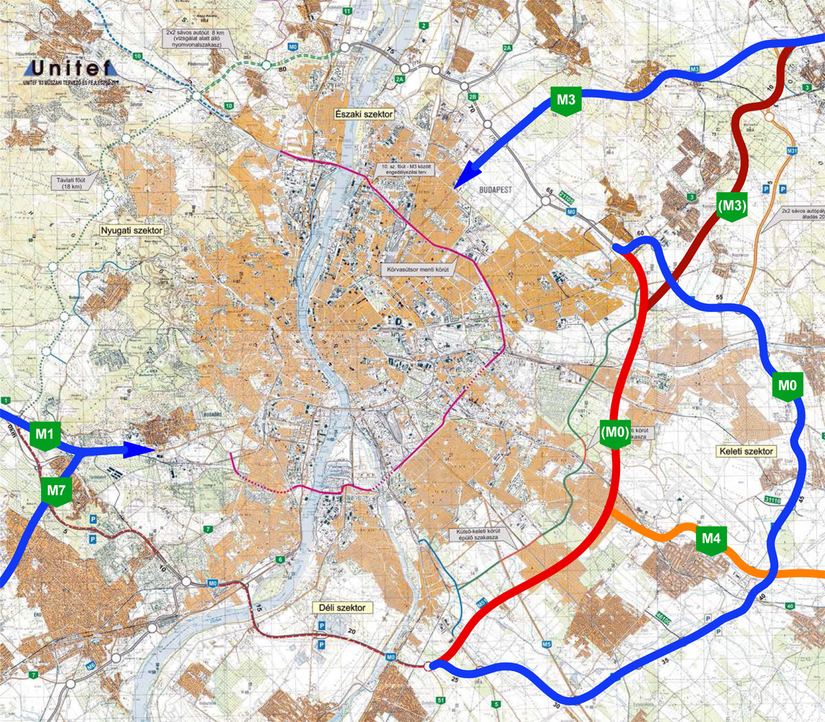 Az M0 tervezett és megépült keleti szektora, alternatív vezetésű álom M3-assal és országhatárig nyúló M4-essel (a szerző grafikája az Unitef térképének felhasználásával)