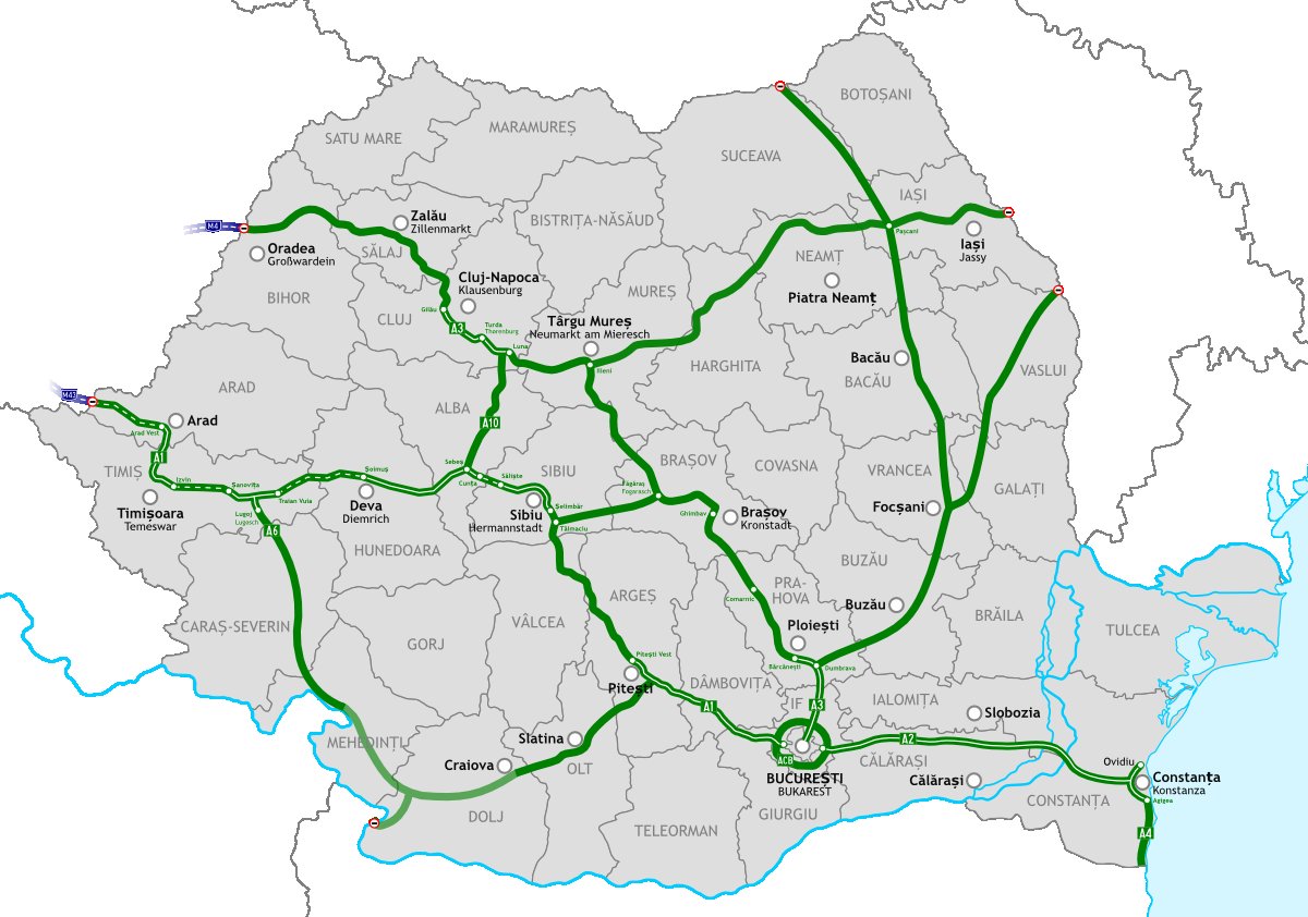 Románia tervezett, épülő, és megépült autópálya-hálózata. Fehér vonal jelzi a megépült szakaszokat, az épülő sztrádarészek szaggatott vonallal vannak feltüntetve </br> Kép forrása: Wikipédia 