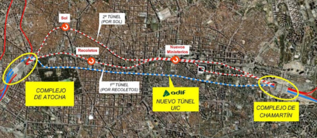 A három alagút nyomvonala Chamartín és Atocha között (forrás: structuralia.com)
