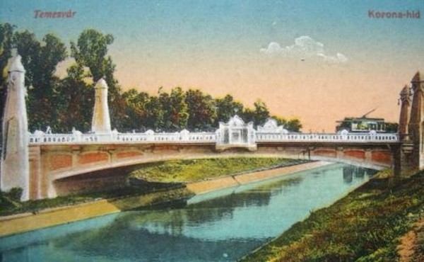 A temesvári Korona (később: Decebal) híd egykorú ábrázolása képeslapon