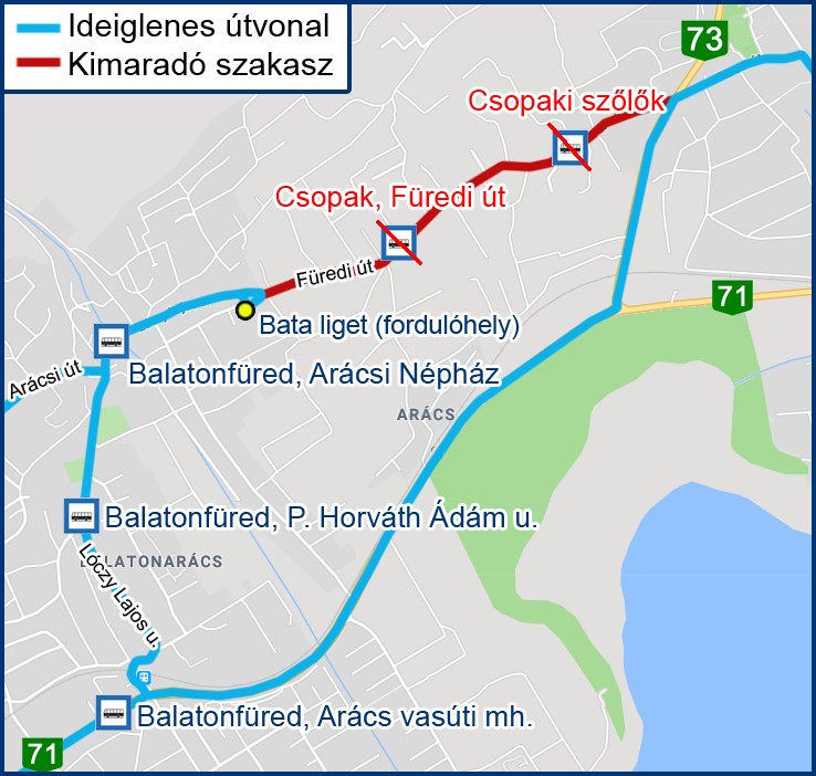Május 17-ig a csopaki szakasz kimarad a buszjáratok útvonalából (forrás: ÉNYKK)
