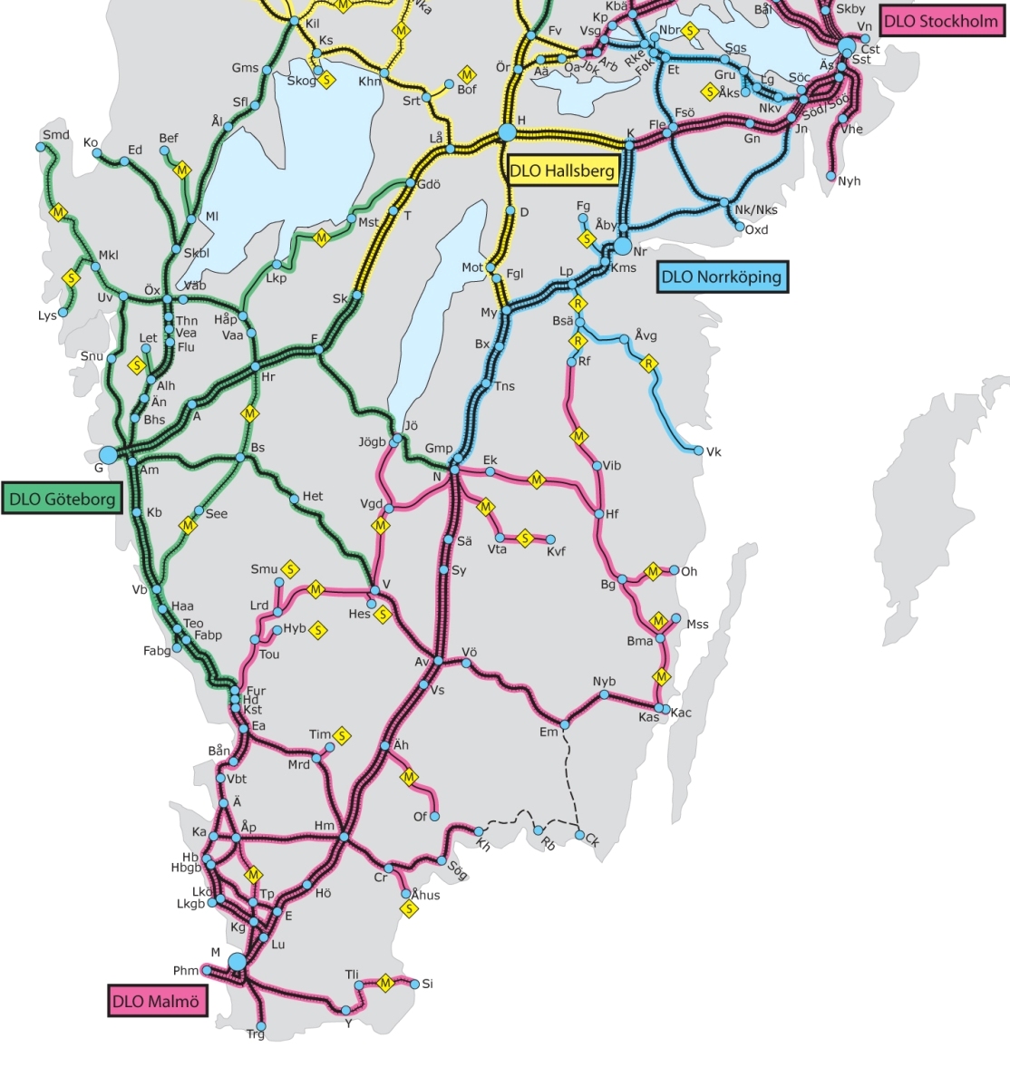 Dél-Svédország vasúti térképe</br>Jól megkülönböztethető az egy illetve kétvágányú pálya