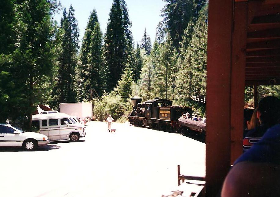 Utazás, egy Shay mozdonnyal vontatott szerelvényen a Yosemite Nemzeti Parkban.