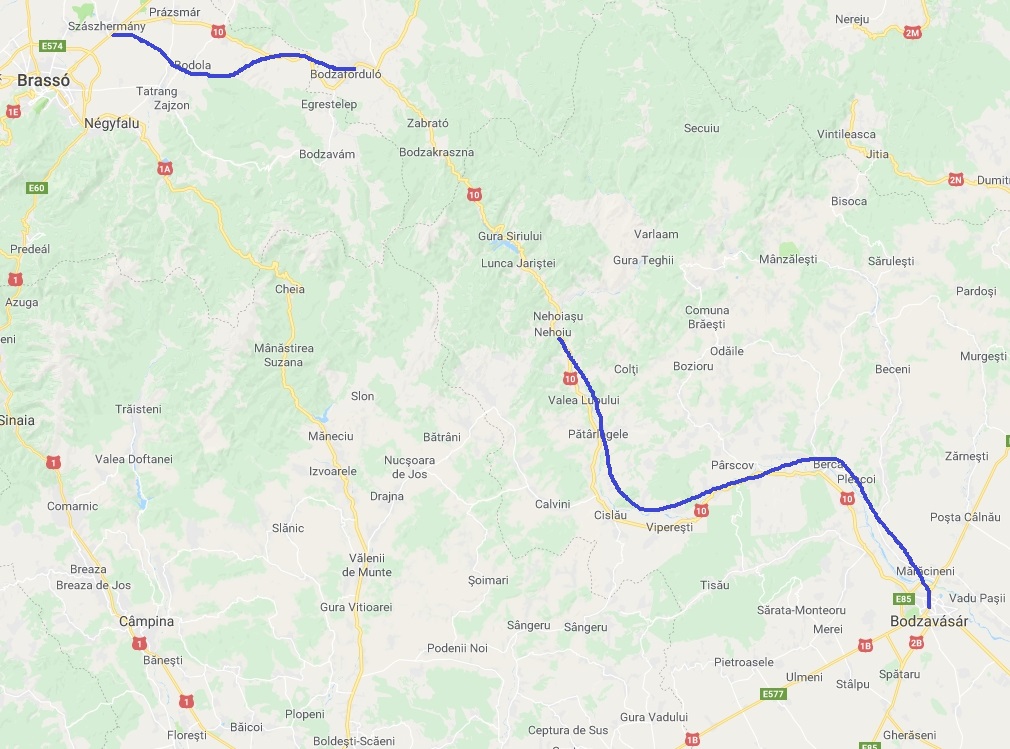 A Google térképén kékkel jelöltük a két szárnyvonalat, amelyek között az összeköttetés soha nem épült meg