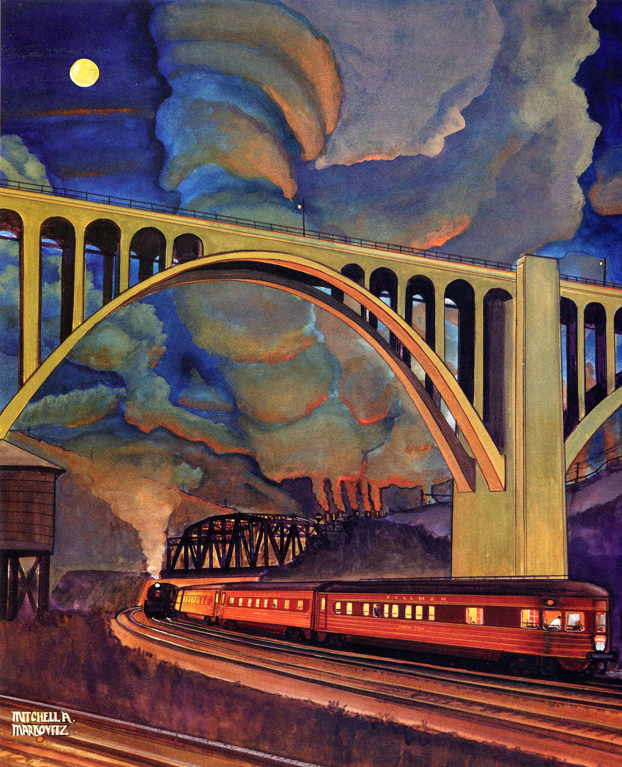 A nyugat felé tartó Broadway Limited a látványos Westinghouse-híd alatt fut be Pittsburghbe. Mitchell A Markowitz festménye a második világháború idején ábrázolhatja a híres expresszt, hiszen a U. S. Steel acélművei csúcsra járatva működnek, a gyárkémények füstje az eget is megvilágítja. Hajnali két óra múlt, a kilátó-szalonkocsiban néhányan még mindig társalognak – talán éppen a háború folyását vitatják meg? –, a vonat többi utasa azonban már rég nyugovóra tért. A képre kattintva galéria nyílik (fotók: Indóház-archív)