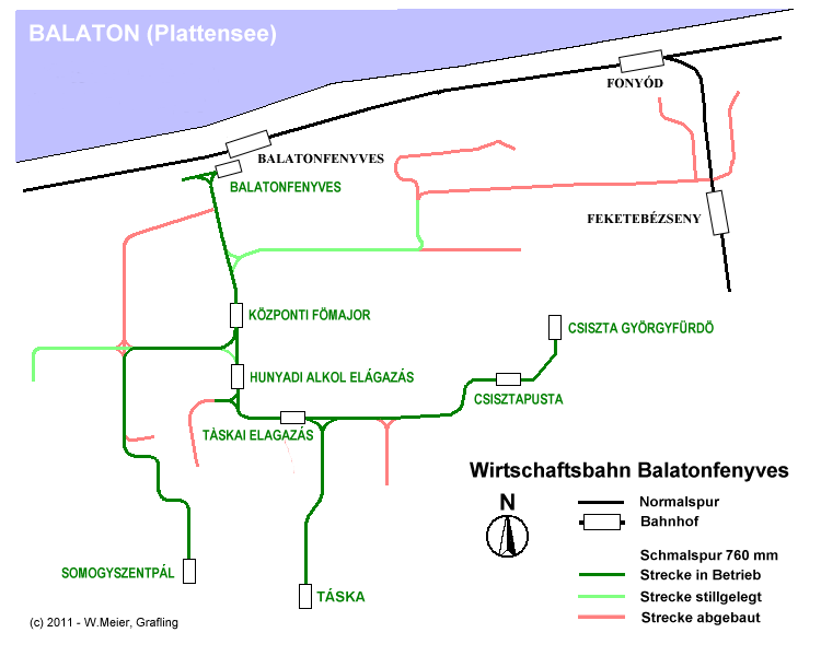 A Balatonfenyvesi GV egykori vonalhálózata, amelyből már csak a somogyszentpáli vonal üzemel (forrás: http://www.feldbahn-riedlhuette.de)