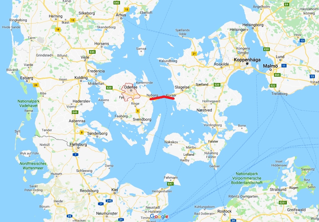 A Storebælt-híd elhelyezkedése a Google térképén szemléltetve