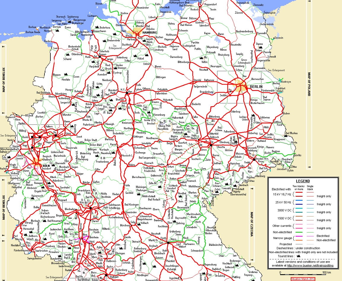 Német vasúthálózat a bueker.net térképén - a pirossal jelölt vonalak villamosítottak, a zöldek nem