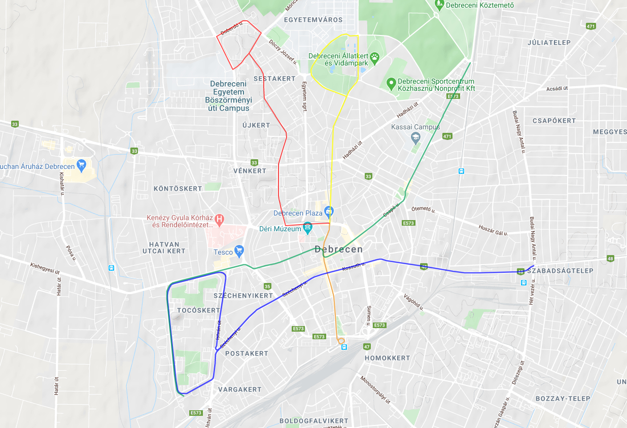Debrecen villamosai. A meglévő 1-es (sárga), és 2-es (piros, közös szakaszuk narancs), valamint a most tervezett 3-as (kék), illetve annak egy jobb alternatívája (zöld) (iho-rajz, alaptérkép Google)