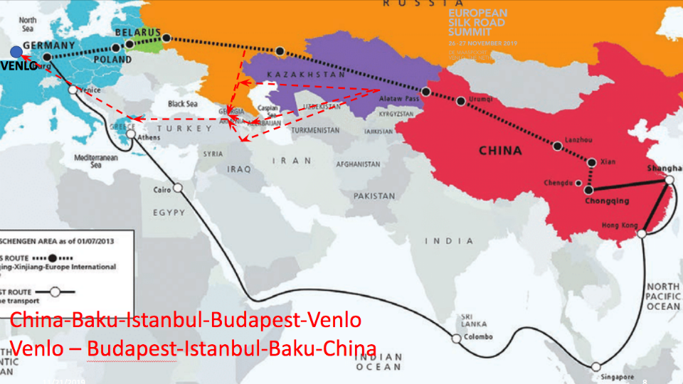 Tengeri és vasúti szállítási útvonalak a hollandiai Venlo és a kínai Hszian között (képek forrása: Railfreight)