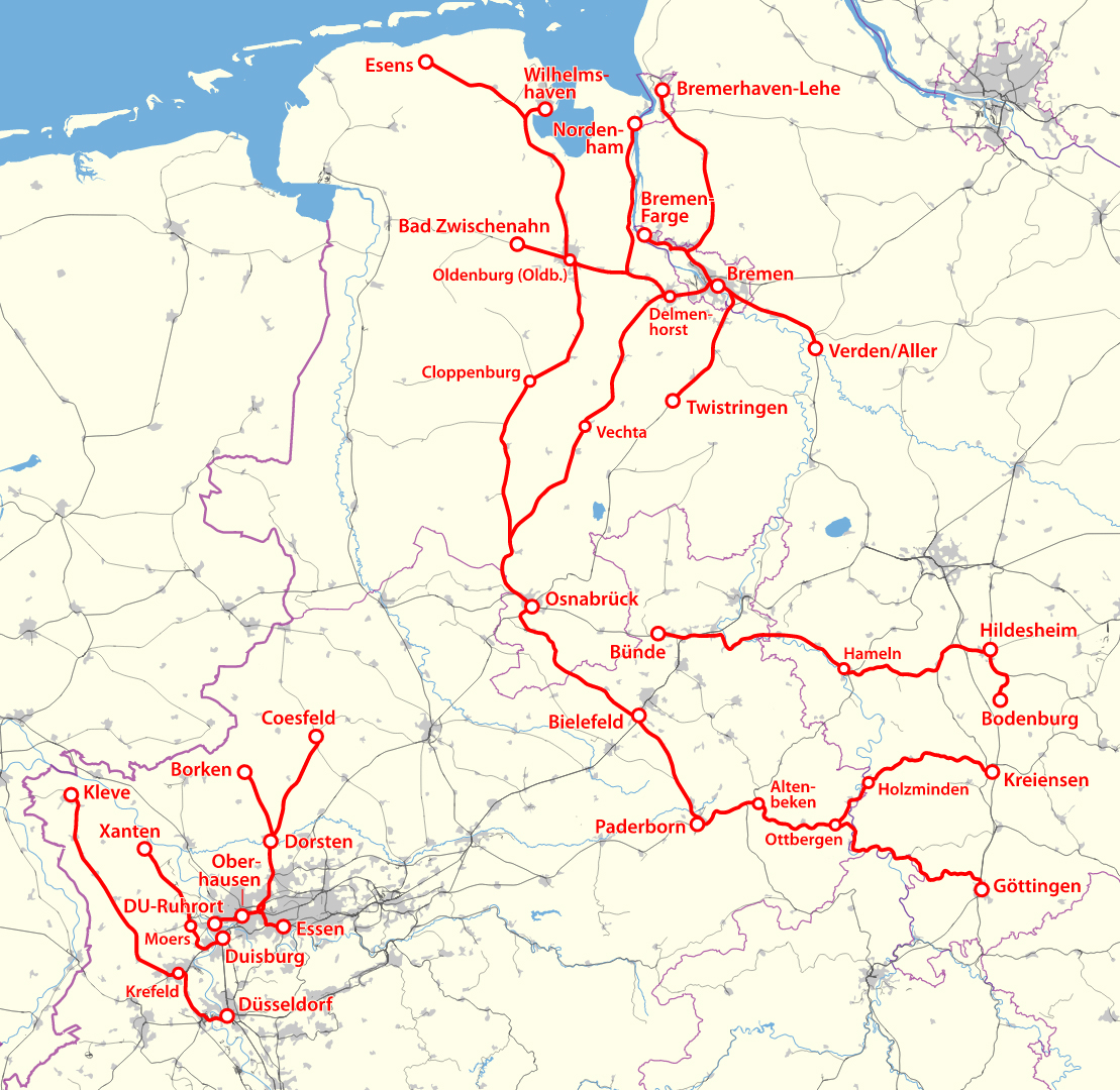 A NordWestBahn hálózata a Xanten–Duisburg pálya vált használhatatlanná (térkép: wikipedia)