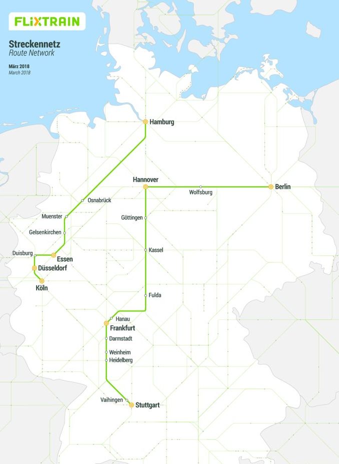 A Flixtrain tervezett vonalhálózata áprilistól (forrás: flixtrain.de)