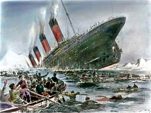A túlélők beszámolója alapján készült festmény a Titanic süllyedéséről