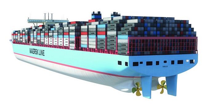 A Maers már 18 ezer TEU-s hajókat épít, miközben vasúton egy szerelvényben 100-200 TEU jelenti a kapacitás felső határát. Nem kétséges, hogy Kína és Európa között a hajózás marad az úr<br>(grafika: Maersk)