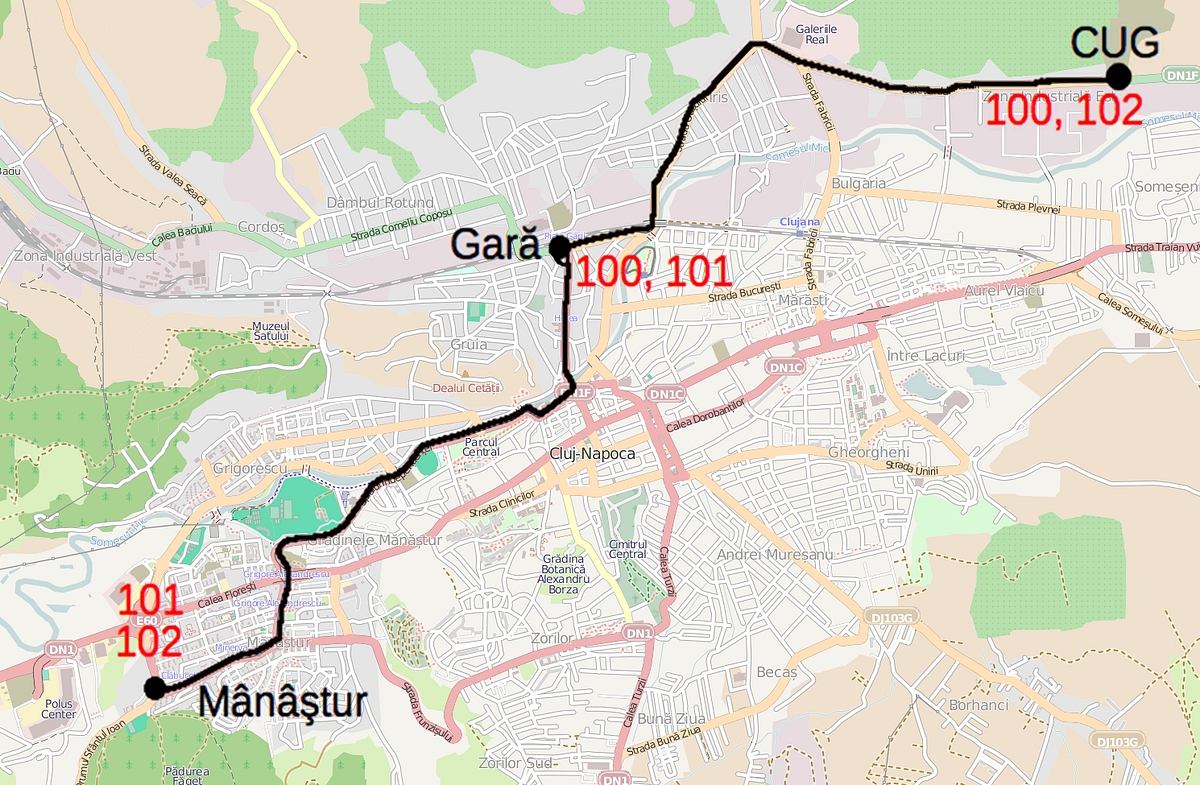 A kolozsvári villamos nyomvonala. Gară = pályaudvar, a belváros a Cluj-Napoca feliratnál van (forrás: Wikipádia)