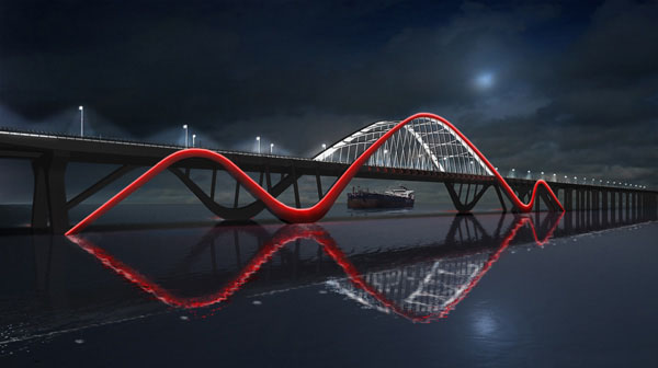 A Katar és Bahrein között épülő híd éjszakai látványterve<br/>(forrás: skycrapercity.com)