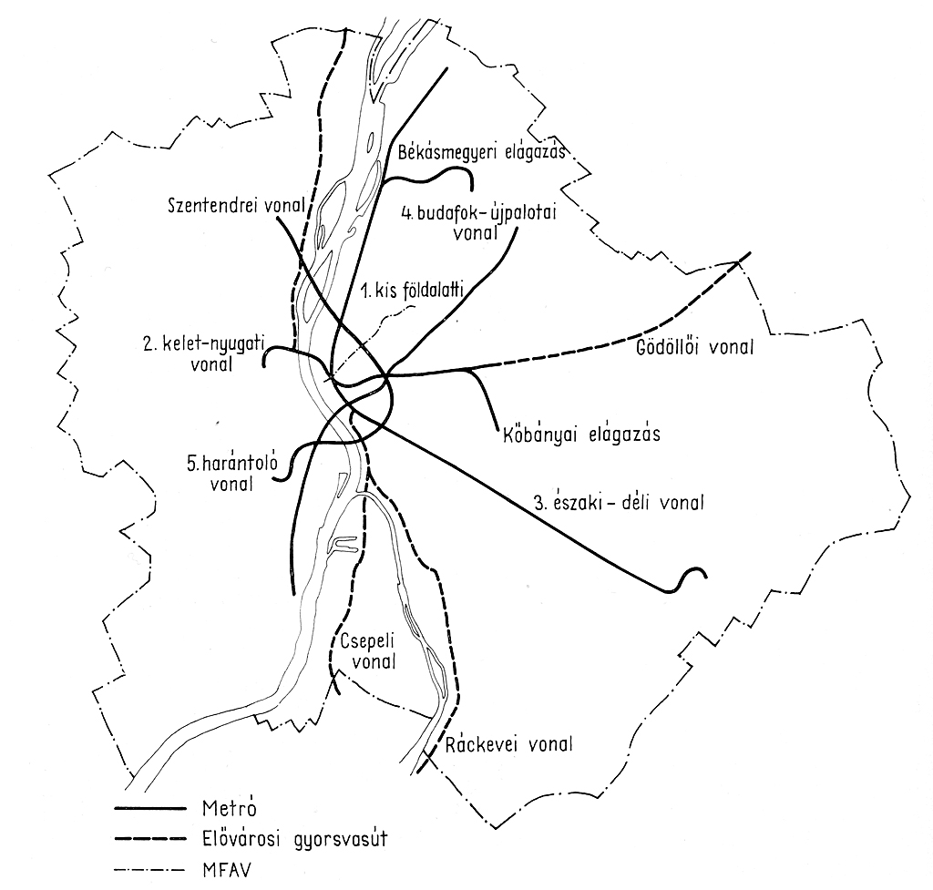 Térkép a gyorsvasúti hálózat meglévő és tervezett vonalaival a hetvenes évekből<br>A képre kattintva fotógaléria nyílik<br>(forrás: Dr. Nagy Ervin–Dr. Szabó Dezső: Budapest közlekedése tegnap, ma, holnap)