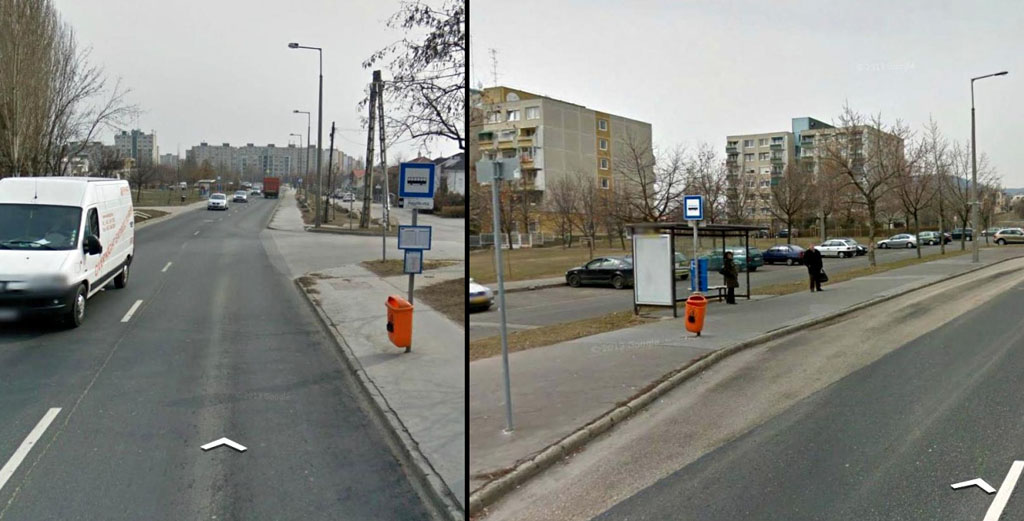 A 8E megállói a Gazdagréti tér környékén: Nagyida utca (a távolban a panelházak tövében található a tér), illetve Tűzkő utca (a ház mögött található a végállomás)