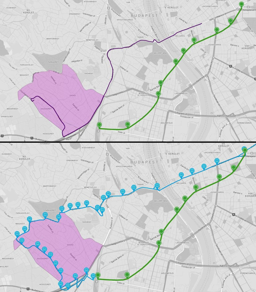 Fent a 239-es jelenlegi útvonala, lent pedig útvonal-alternatívák Gazdagrétről a belvárosba az átadás után: északra a 8E-vel, vagy délre a 8E-M4 kombó<br/>(forrás: BKK)