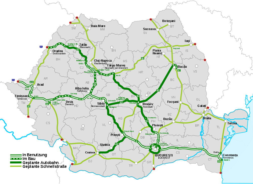 Románia tervezett sztrádahálózata – Forrás: Wikipedia/Jozs