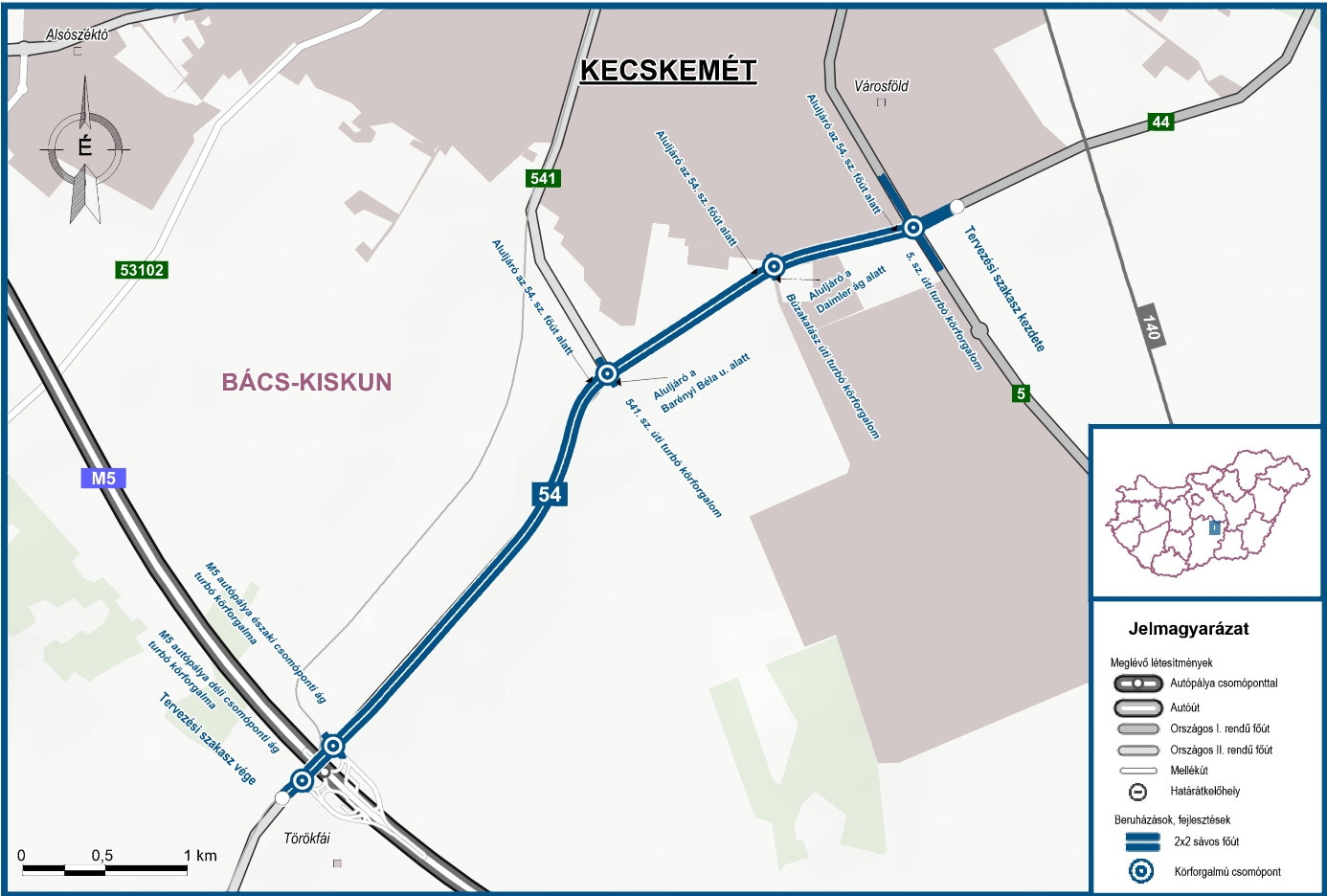Az 5-ös főút kecskeméti szakasza és az M5-ös autópálya között négysávossá vált az 54-es főút (térkép forrása: NIF Zrt.)