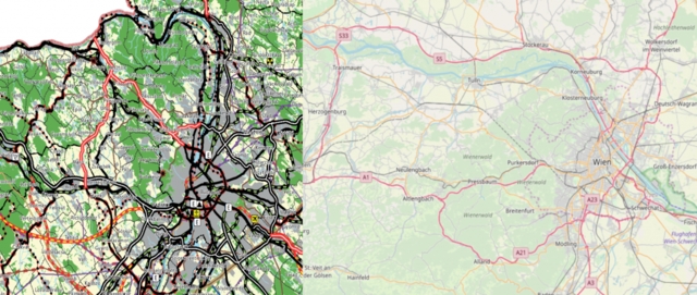 A bécsi Ringhez hasonlóan, gyűrű helyett zsák formát öltene a fővárost elkerülő gyorsforgalmi úthálózat. A budai hegyek helyett az M1-estől északi irányba, Esztergom felé vinnék el az M0-ás nyugati részét, M100-as autóútként. Balra a legfrissebb kormányzati tervek a Budapest környéki autópályákra (feketével a már meglévő, pirossal a tervezett útvonalak), jobbra a Bécs környéki hálózat (forrás: OTRT és Openstreetmap)