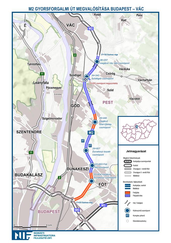 Elkészült az M2-es gyorsforgalmi út Budapest és Vác közötti szakaszán a Budapest irányába tartó pályaoldal bővítése, így április 18-án átterelik arra a forgalmat (forrás: NIF Zrt.)