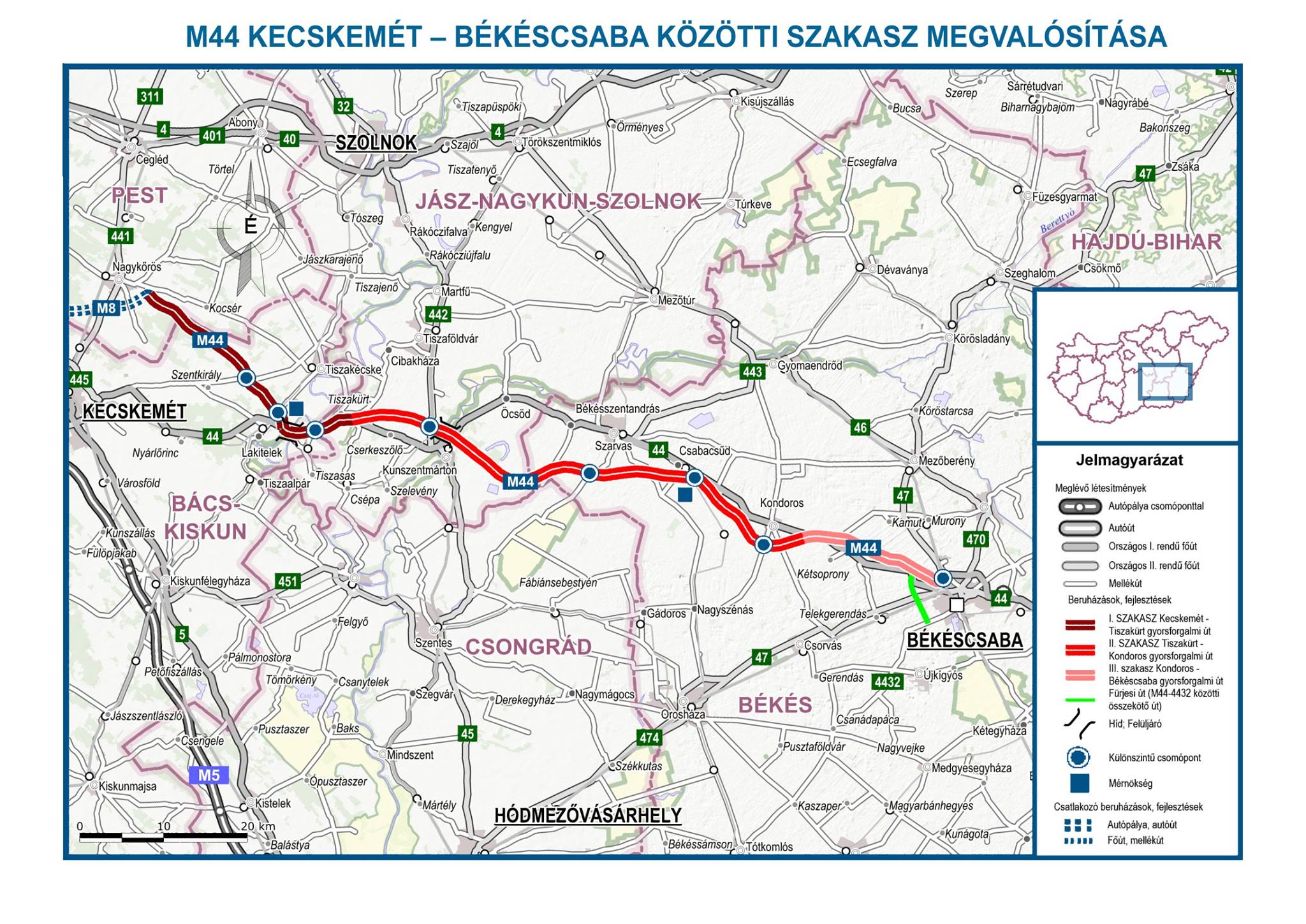 Az M44-es gyorsforgalmi út Tiszakürt és Kondoros közötti, 62 kilométer hosszú szakaszának építése 2017 tavaszán kezdődhet meg, és várhatóan 2019 őszén már használatba is lehet majd venni (forrás: NIF Zrt.)
