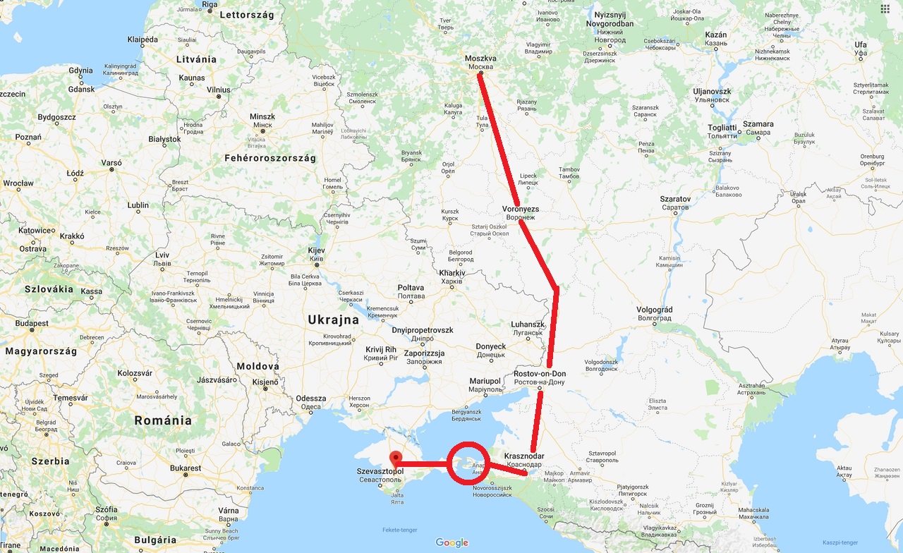 A leendő Moszkva–Szimferopol járat útvonala és a Kercsi-szoros (bekarikázva) a Google térképén