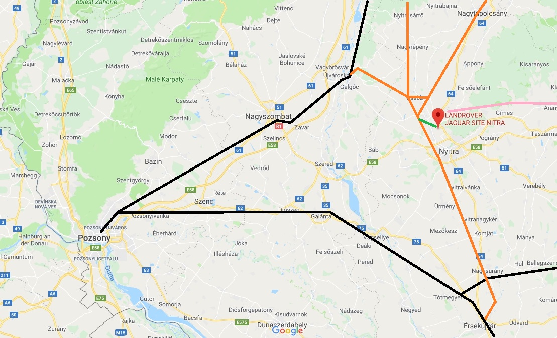Az iparvágány (zöld), a felszedett mellékvonal (rózsaszín) az érintett vasúthálózat sematikus térképén: a villamosított vonalakat feketével, a dízelüzemű vonalakat narancssárgával jelöltük a Google térképen