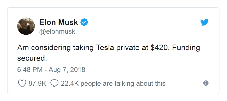 Elon Musk augusztus 7-i csipogása a Twitteren