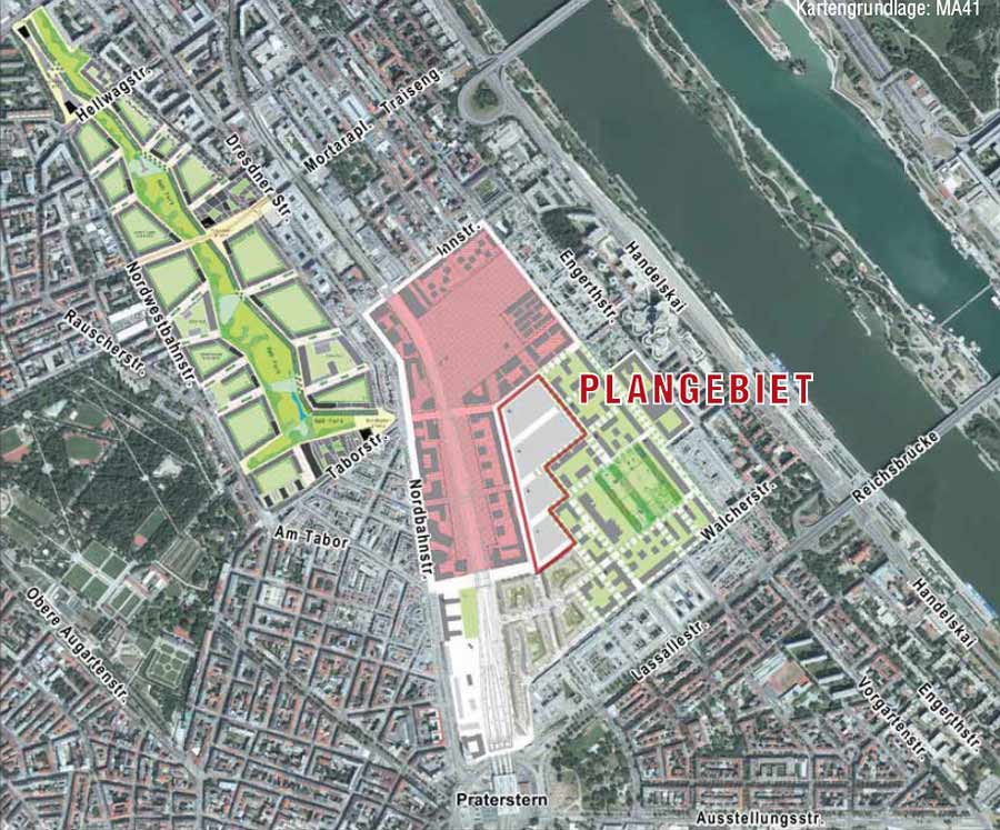 A városszövetbe ékelődő egykori vasúti területek (forrás: wien.at)