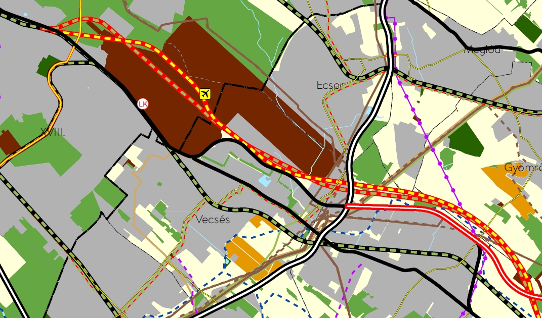 A Budapesti agglomeráció szerkezeti tervében piros–sárga csíkkal a nagysebességű, piros–zöld csíkkal a hagyományos vasútvonalat jelölik