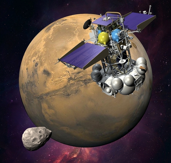 A Mars, a Phobos-Ground és a Fobosz együttese egy fantáziarajzon: el tud-e indulni a szonda, vagy visszaesik a Földre?